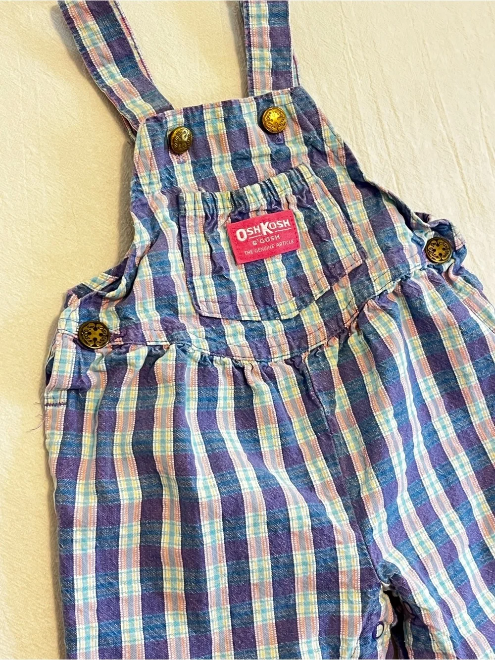 Vintage OshKosh B’Gosh 90s Plaid Overalls Baby USA Made Pink Blue Snap Romper